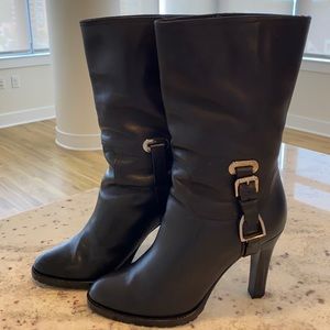 RALPH LAUREN,BLACK LEATHER GRIP SOLE,HIGH HEELED ANKLE BOOTS